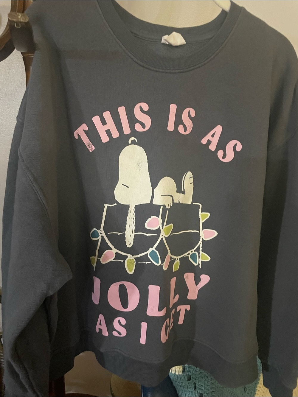 Peanuts Charcoal Sweatshirt with Pink Lettering and Multicolor Lights - Picture 5 of 6